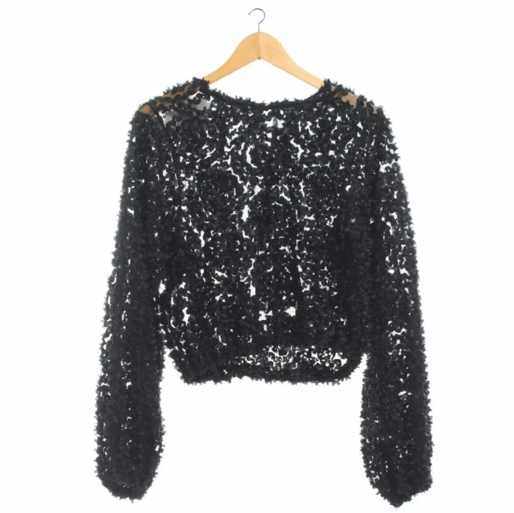 Zara Sheer Black Mesh With 3D Applique Petals Boho Casual Crop Long Sleeve Top